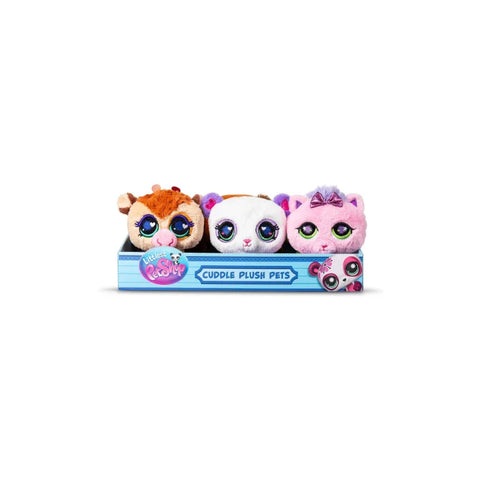 Littlest Pet Shop Cuddle Plush Pets three-pack featuring round, colorful plush animal toys in a display box.