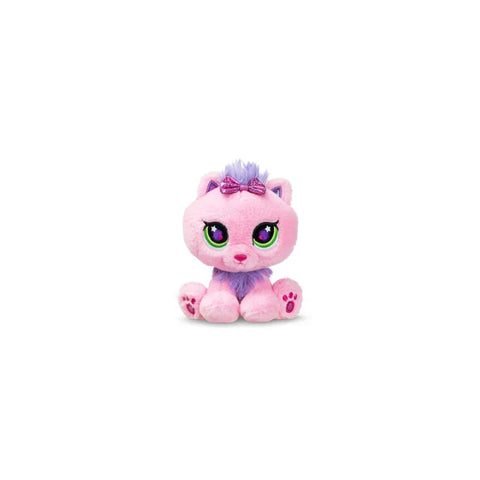 Plush pink kitten toy with green eyes, purple accents, and a bow, sitting on white background