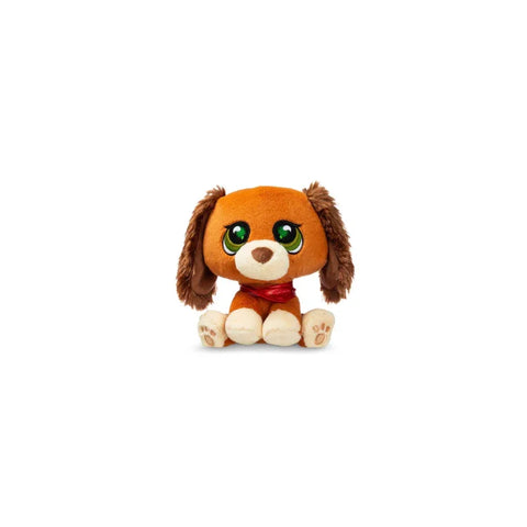 Cute brown plush dog toy with big green eyes and a red scarf, collectible stuffed animal