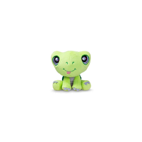Cute green plush frog toy with big eyes on a white background