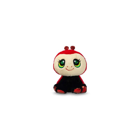 Cute ladybug plush toy with big green eyes and red spotted accents on a white background
