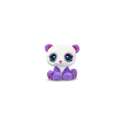 Plush toy panda with big green eyes, white face, and purple body, perfect for kids