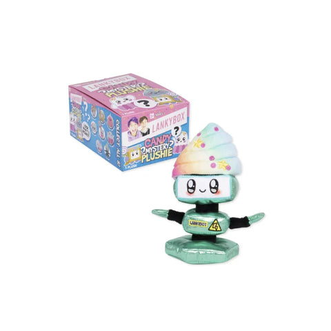 Lankybox Candy Mystery 2 collectible plush toy and packaging, cute rainbow swirl character.