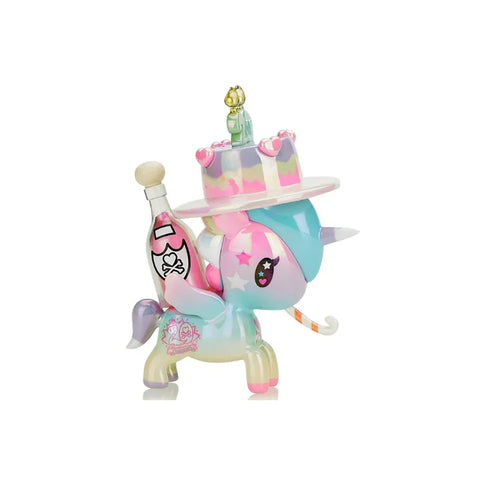 Pastel rainbow unicorn toy with cake and bottle, collectible figurine for kids
