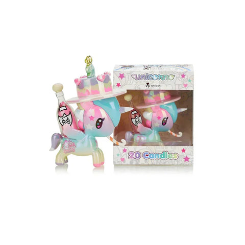Colorful unicorn collectible toy with cake-themed hat and decorative box, kids collectible figure