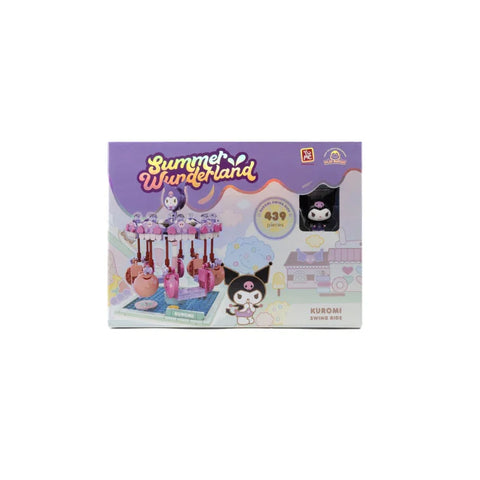 Kuromi Swing Ride building set box, Summer Wonderland theme, pastel colors, 439 pieces