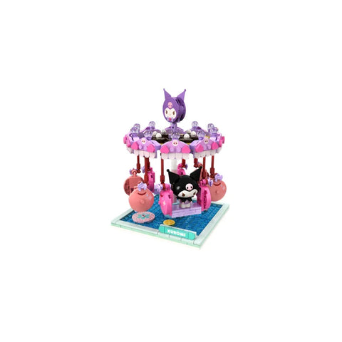 Cute pink and purple carousel toy with cartoon character figures and building blocks