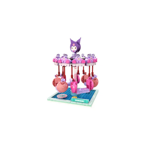 Kuromi-themed pink and purple toy carousel building set on display platform