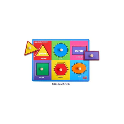 Colorful wooden shape puzzle for kids with triangle, circle, rectangle, square, hexagon, oval pieces