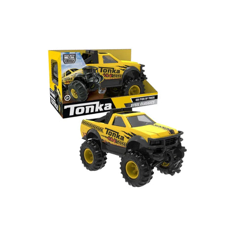 Yellow Tonka 4x4 steel classic pickup toy truck in packaging with large black wheels