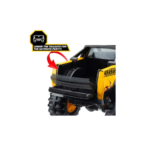 Yellow and black toy truck with movable tailgate, perfect for kids' imaginative play