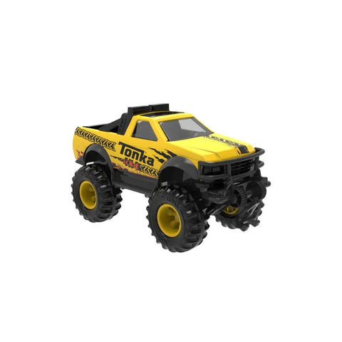 Yellow Tonka toy monster truck with large black wheels and bold decals on white background