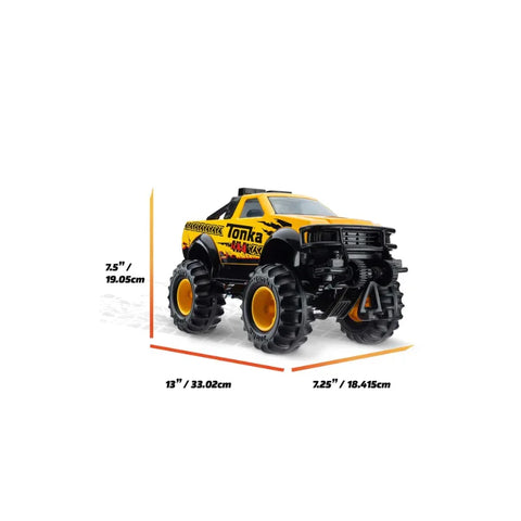 Yellow toy monster truck with black wheels, shown with measurements in inches and centimeters.