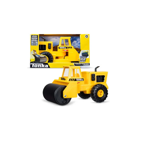 Yellow toy steam roller construction vehicle with box, kids construction toy