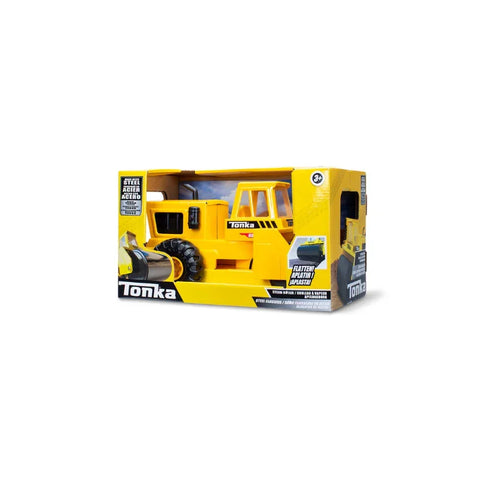 Yellow Tonka steel toy steam roller in retail packaging, construction vehicle for kids