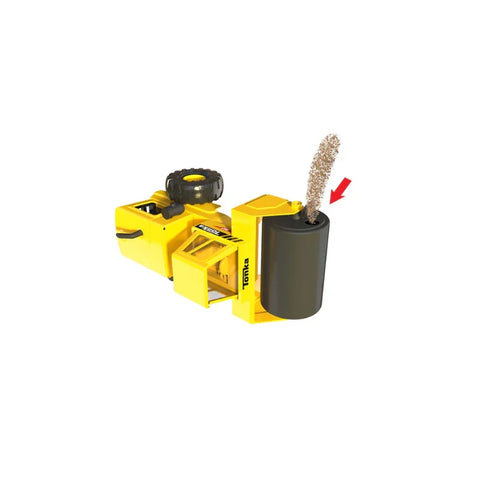 Yellow toy construction truck with roller, labeled Tonka, ejecting debris, on white background.