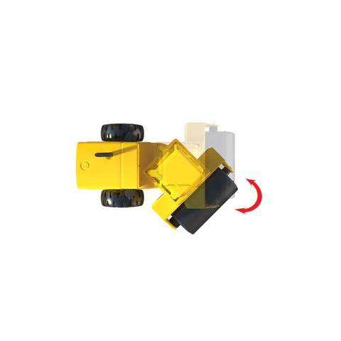 Yellow toy construction vehicle with pivoting front loader and large black wheels