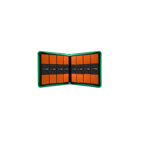 Green zippered trading card binder open with orange card slots and Ultra PRO cards inside