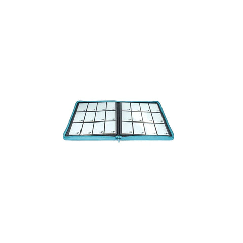 Light blue zippered 12-pocket card binder open with blank card sleeves