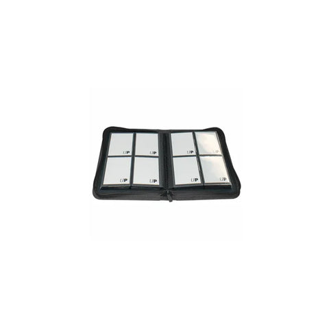 Black zippered trading card binder with clear pocket sleeves, open and empty