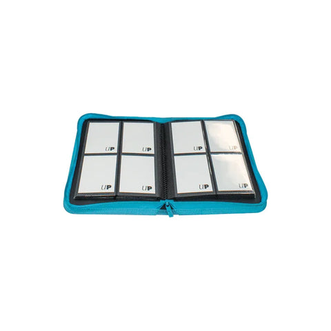 Teal zippered trading card binder with clear pockets, open and empty on white background