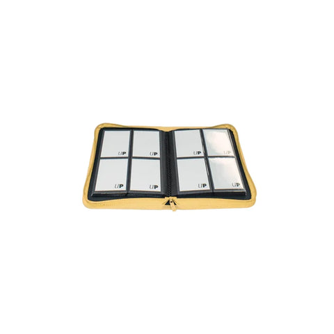 Yellow zippered trading card binder open to plastic card holder pages