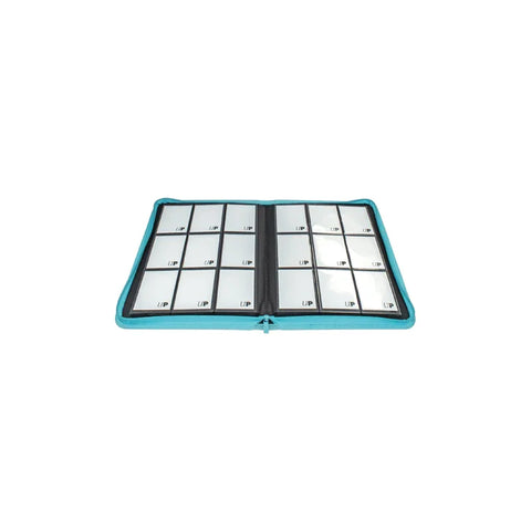 Light blue zippered trading card binder open with clear pocket pages for card storage