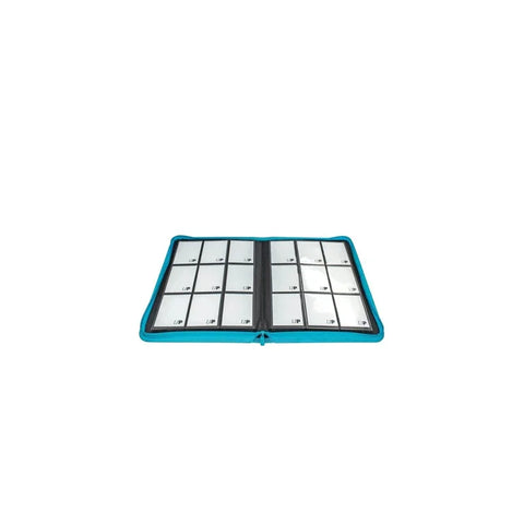 Teal zippered trading card binder open with clear card slots visible