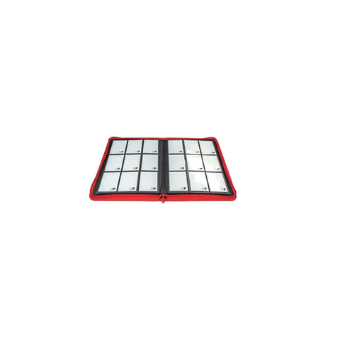 Red zippered card binder with clear pocket pages for trading card storage