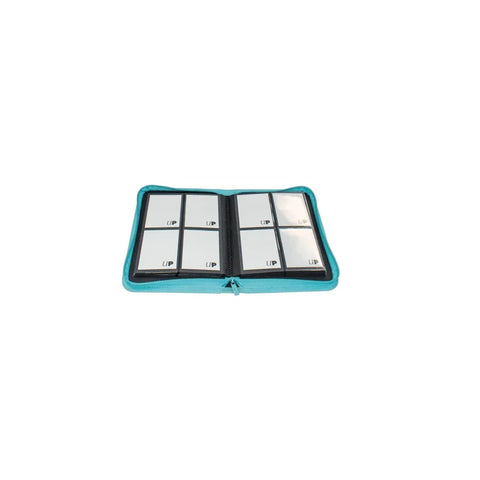 Light blue zippered trading card binder open with clear 4-pocket pages