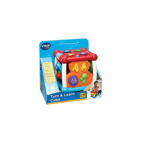 Colorful VTech Turn & Learn Cube interactive baby toy in packaging for ages 6-36 months