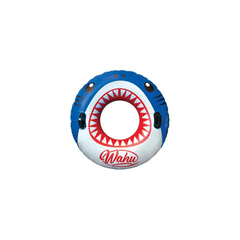 Shark-themed inflatable pool ring toy with open mouth design and blue accents