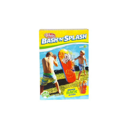Kids playing with inflatable orange Bash 'n' Splash outdoor water toy, grassy yard background