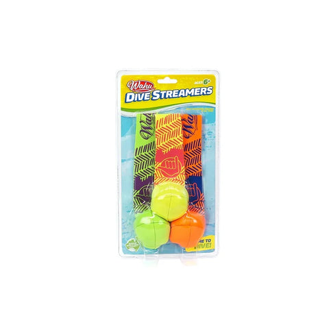 Pack of three colorful dive streamers for pool games in plastic packaging, ages 6 plus