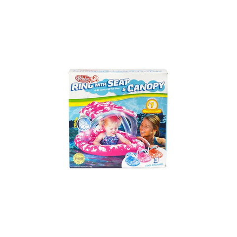 Box of infant pool float ring with seat and canopy, showing child and adult in water.
