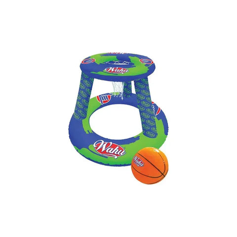 Inflatable pool basketball hoop set with blue and green stand and orange basketball