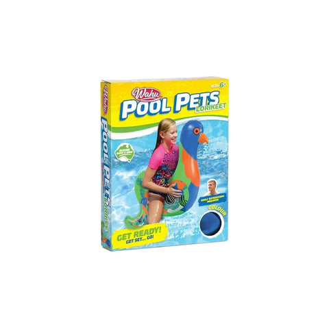 Pool toy packaging featuring child on rainbow lorikeet inflatable float for swimming