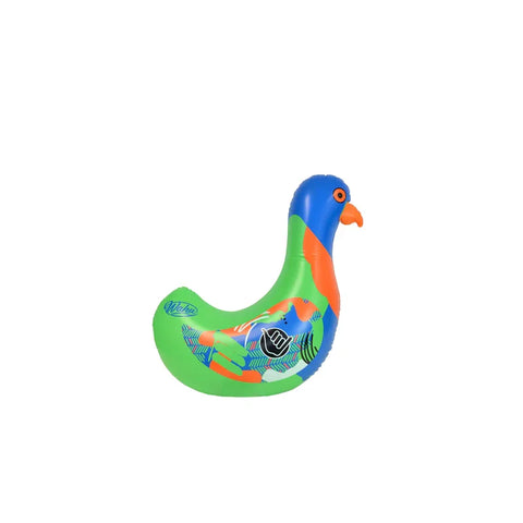 Inflatable pool toy shaped like a rainbow lorikeet with bright green, blue, and orange colors
