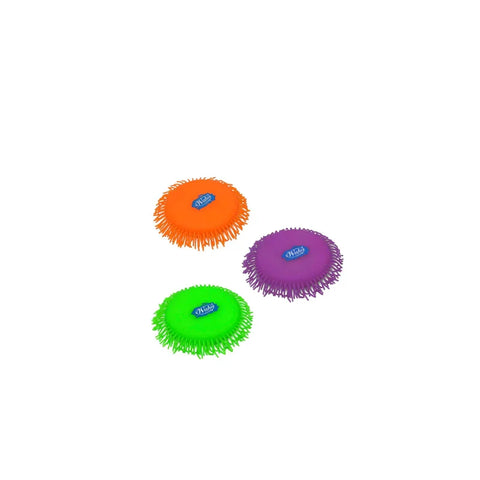 Three colorful spiky water throw toys in orange, green, and purple on a white background