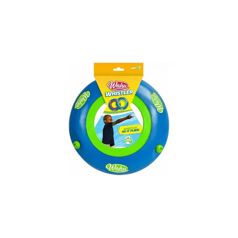 Blue and green flying ring toy with packaging, outdoor whistling disc for kids.