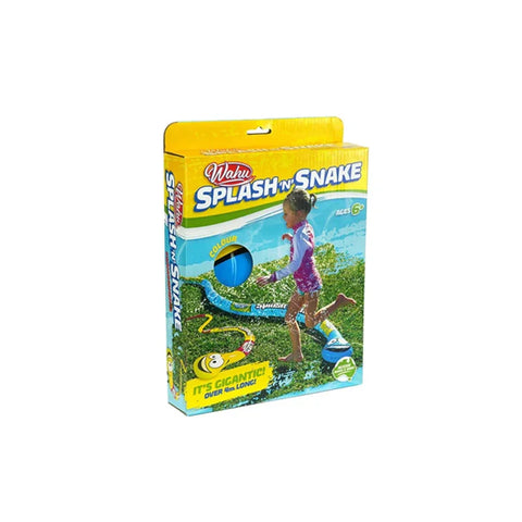 Water play toy packaging featuring a child with Wahu Splash n' Snake outdoor game