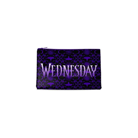 Purple and black pencil case with gothic pattern and the word 'Wednesday' on the front