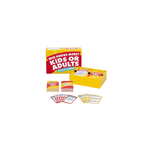 Who Knows More Kids or Adults trivia card game set with colorful cards and box