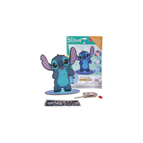 Stitch XL crystal art kit with standing blue cartoon character, tools, and packaging.