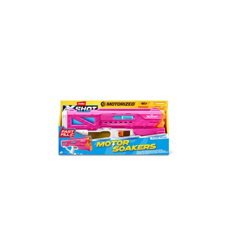 Pink and white motorized water blaster toy in packaging, labeled Motor Soakers Hydra Pulse.