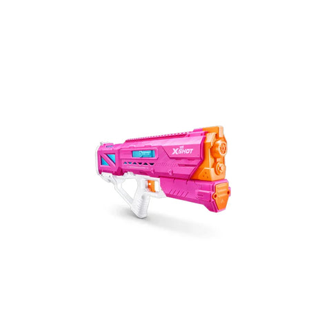 Pink and orange toy water blaster with white and blue accents on a white background