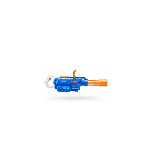 Blue and orange motorized water gun toy with Gatling-style barrel on white background