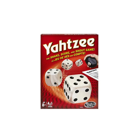 Yahtzee board game box with dice and scorecard on a red background