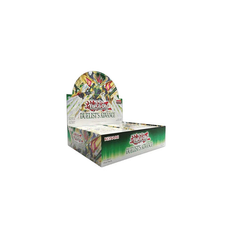 Yu-Gi-Oh Duelist's Advance booster box trading card display with colorful artwork.