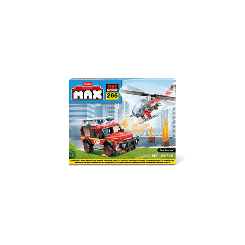 Fire rescue building blocks set with fire truck, helicopter, and city fire scene, 265 pieces